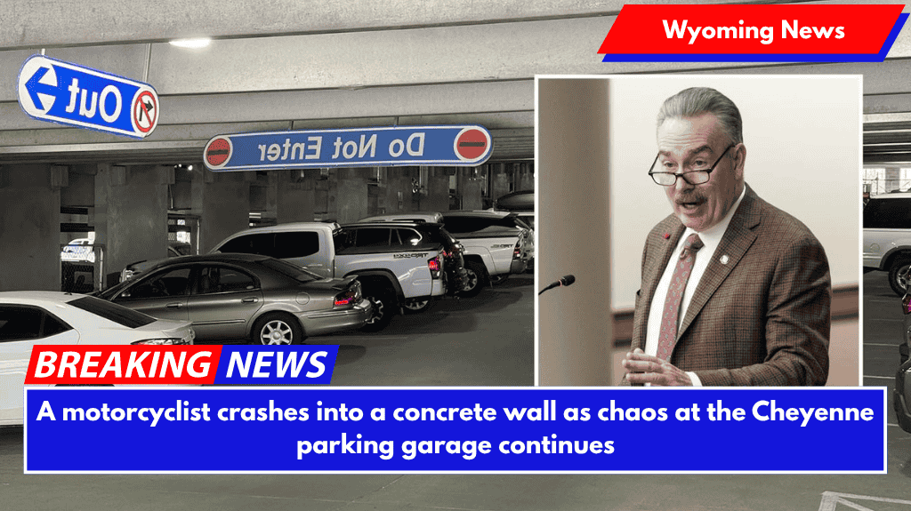 A motorcyclist crashes into a concrete wall as chaos at the Cheyenne parking garage continues