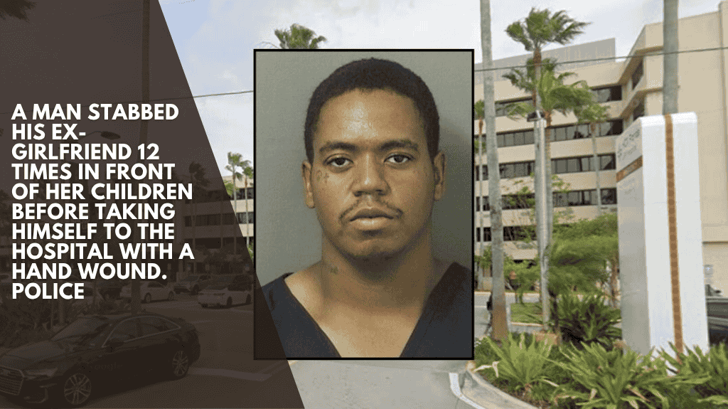 A man stabbed his ex-girlfriend 12 times in front of her children before taking himself to the hospital with a hand wound. Police