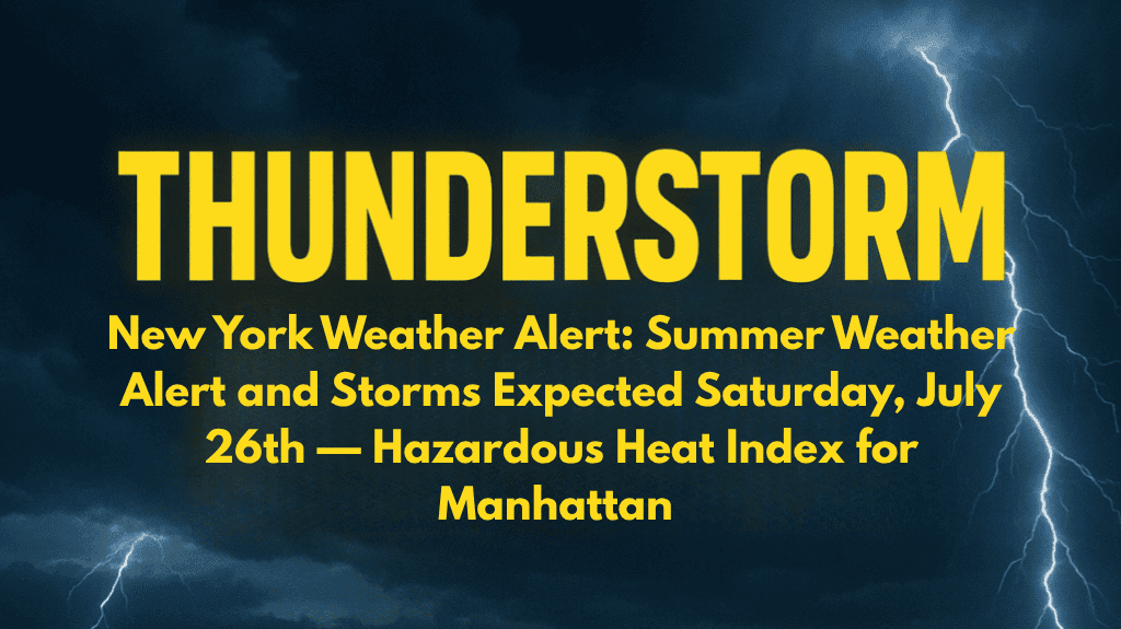New York Weather Alert Summer Weather Alert and Storms Expected Saturday, July 26th — Hazardous Heat Index for Manhattan