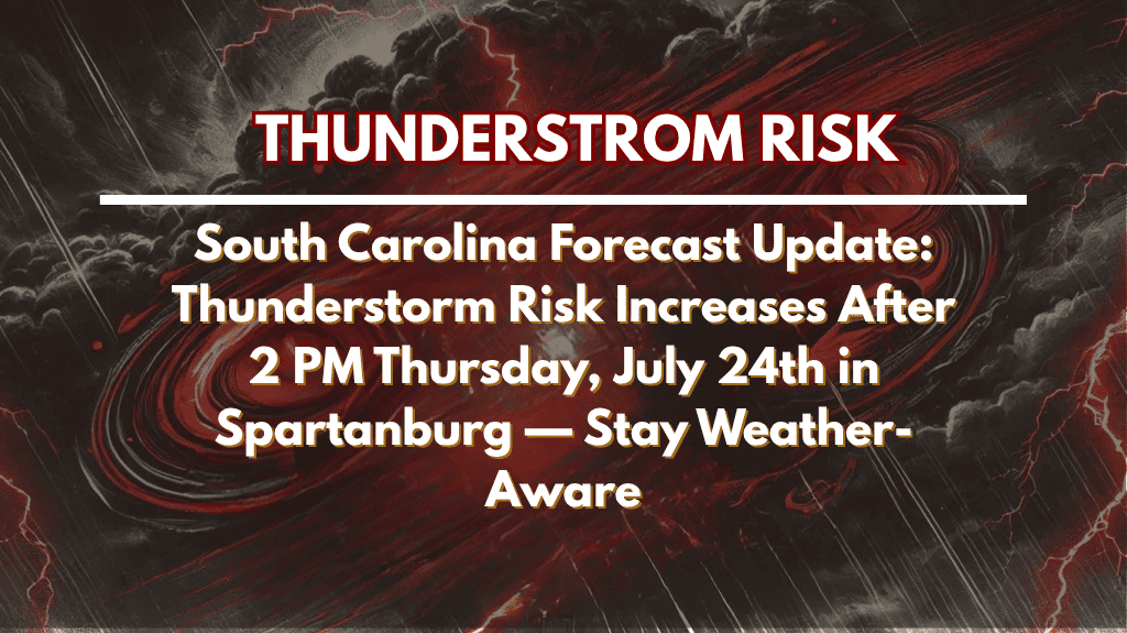 South Carolina Forecast Update Thunderstorm Risk Increases After 2 PM Thursday, July 24th in Spartanburg — Stay Weather-Aware