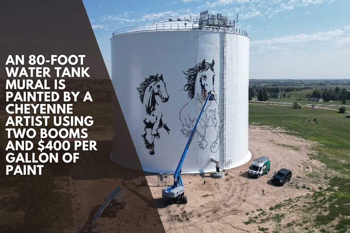 An 80-foot water tank mural is painted by a Cheyenne artist using two booms and $400 per gallon of paint