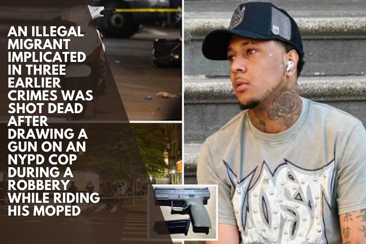 An illegal migrant implicated in three earlier crimes was shot dead after drawing a gun on an NYPD cop during a robbery while riding his moped
