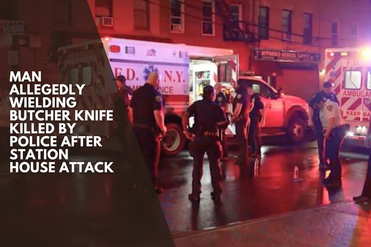 A man purportedly holding a butcher knife was murdered by police following a station house attack