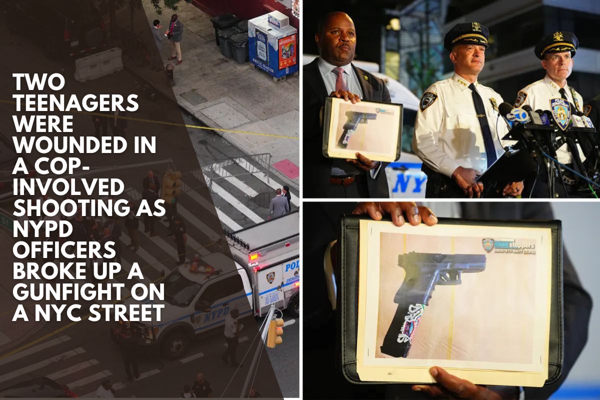 Two teenagers were wounded in a cop-involved shooting as NYPD officers broke up a gunfight on a NYC street